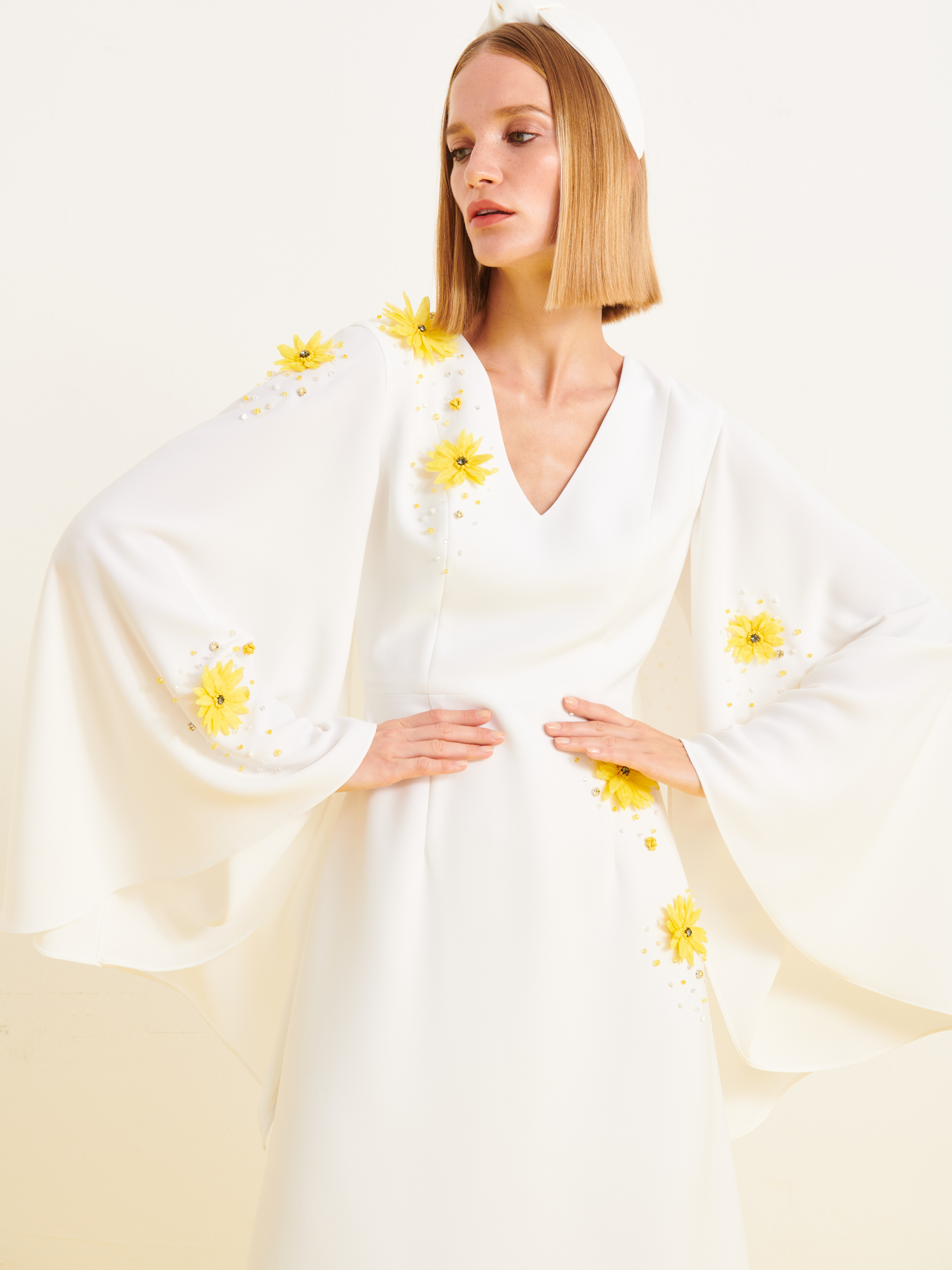 Melek V-Neck Cape Gown in White,Nihan Peker,- Fivestory New York