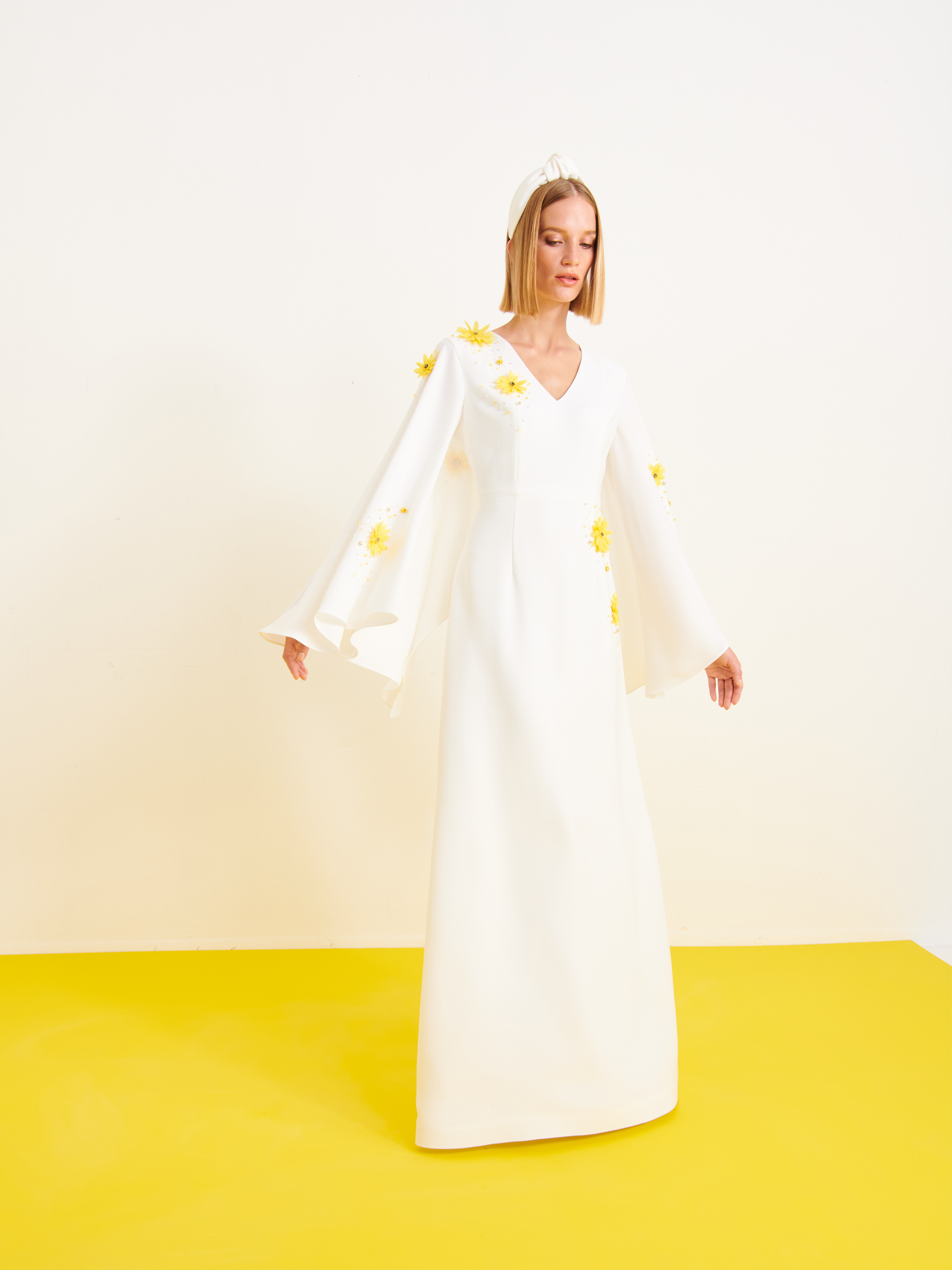 Melek V-Neck Cape Gown in White,Nihan Peker,- Fivestory New York