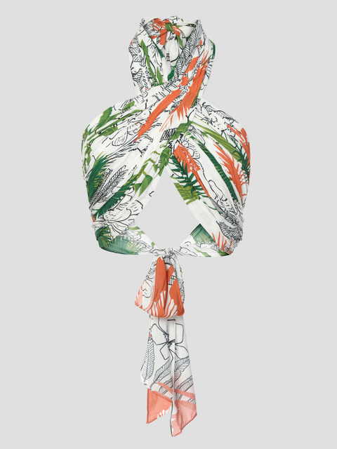 Tropical Print Sleeveless Wrap-Tie Halter Blouse,Verandah,- Fivestory New York