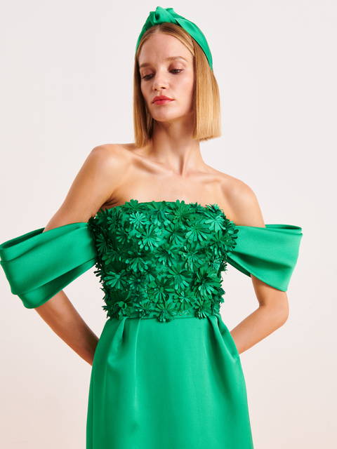 Bloom Strapless Satin Gown in Green,Nihan Peker,- Fivestory New York