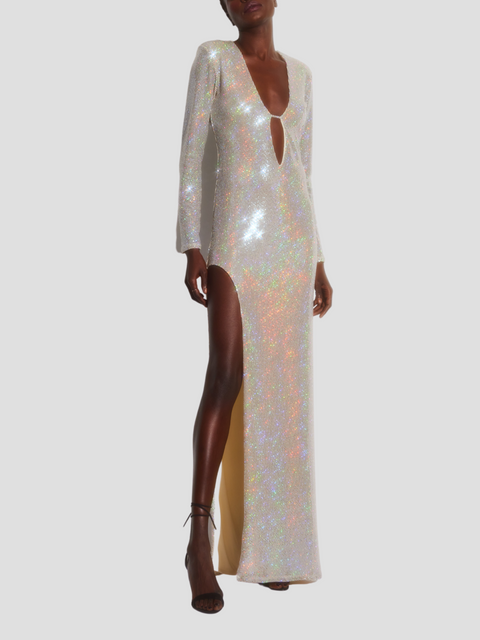 V-Neck Sequin Jersey Split Gown in Silver,The Sei,- Fivestory New York