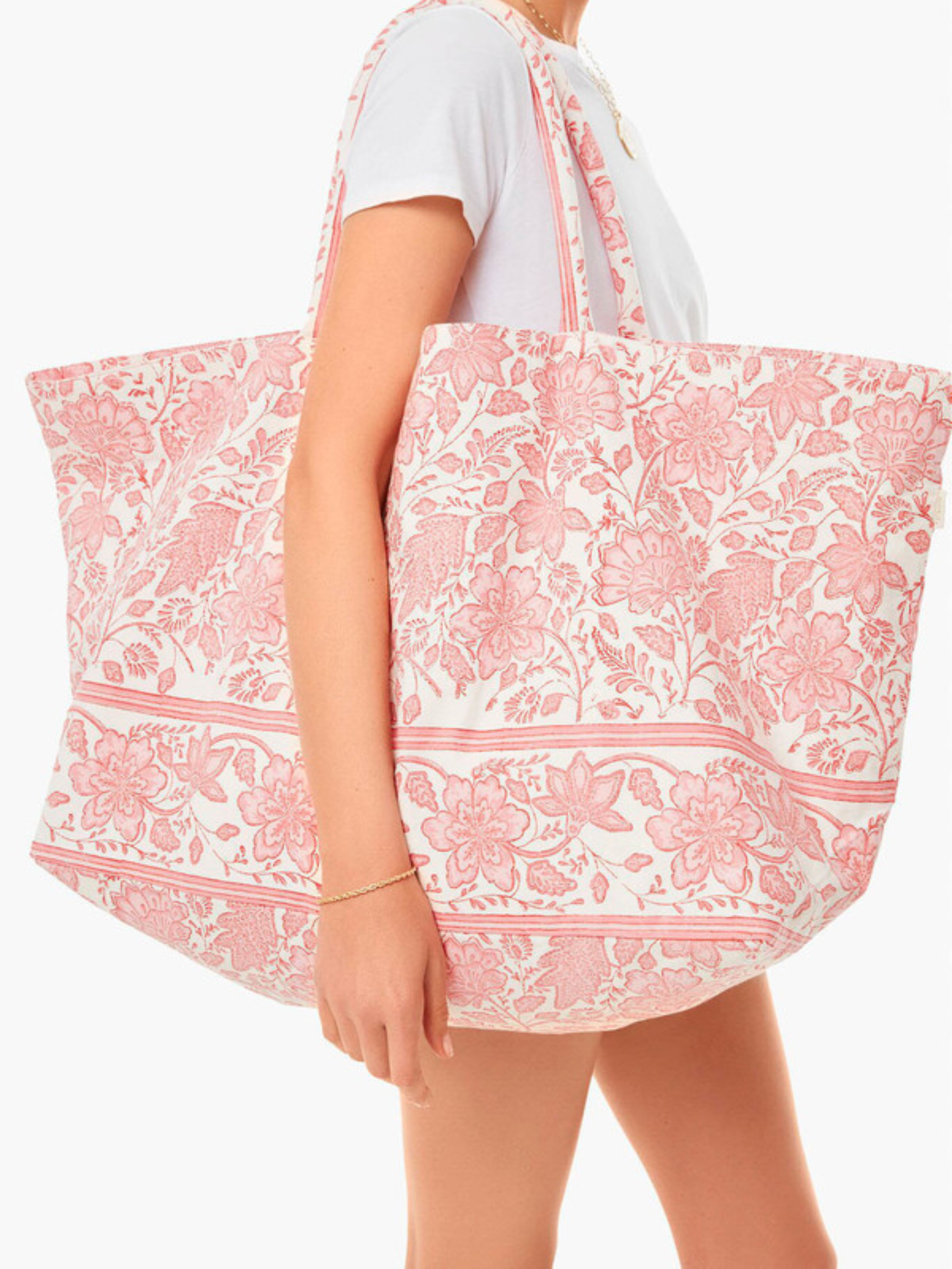 Pink Paisley Handprinted Canvas Large Tote Beach Bag | Fivestory NY