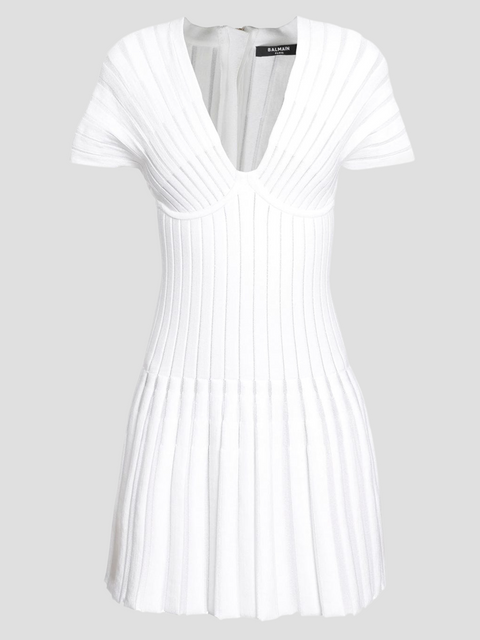 Pleated Knit Short Dress in White,Balmain Usa Llc,- Fivestory New York