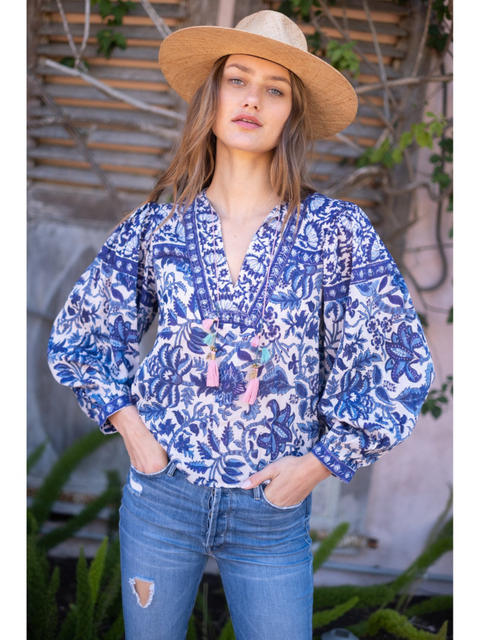 Frankie Floral Blouse in Blue,Bell,- Fivestory New York