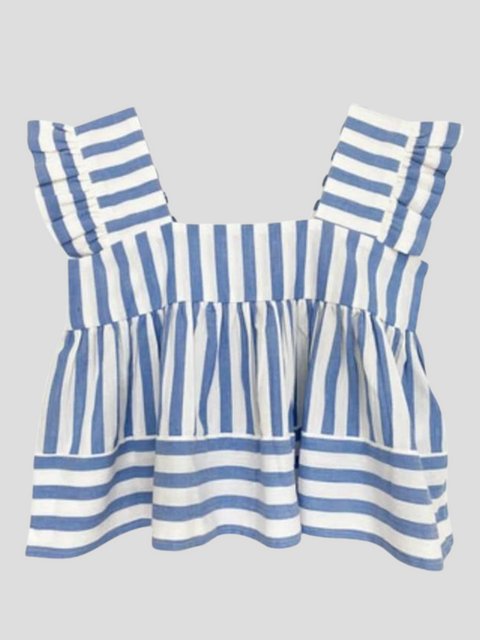 Rey Striped Square-Neck Ruffle Short-Sleeve Top,Bell,- Fivestory New York