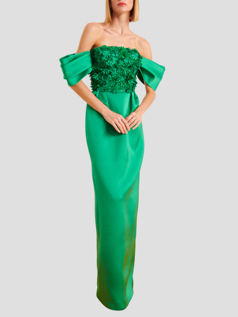 Bloom Strapless Satin Gown in Green,Nihan Peker,- Fivestory New York