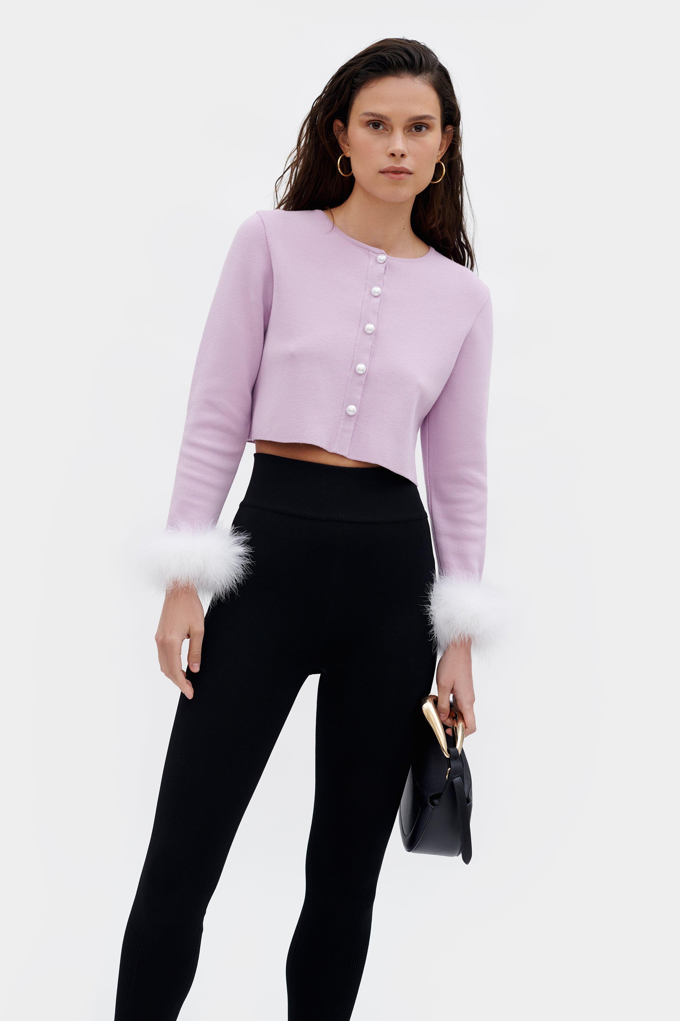 Lilac Knit Cardigan with Detachable Feather Cuffs | Fivestory New York