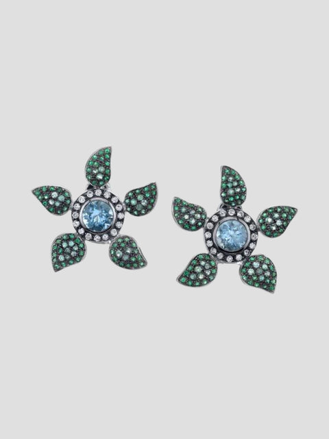 18K Gold Earrings with Aquamarine, Emerald, Paraiba Tourmaline And Diamonds,Cleison Roche,- Fivestory New York
