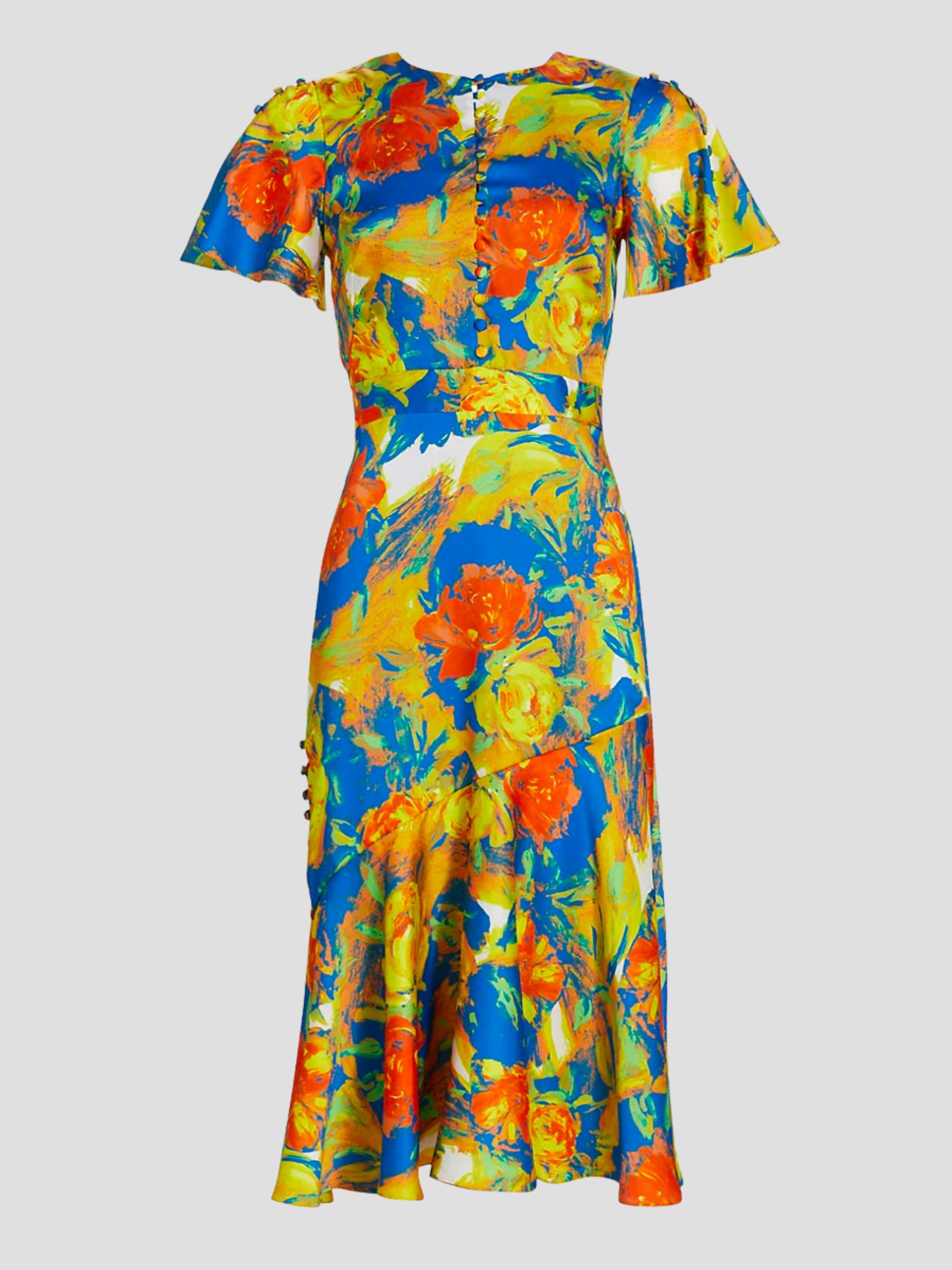 Victoria Floral Flutter Sleeve Pleated Midi Dress in Yellow,Prabal Gurung,- Fivestory New York