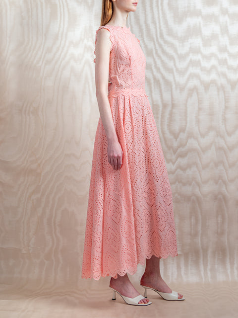 Pink Cotton Eyelet Sleeveless Midi Dress,Luisa Beccaria,- Fivestory New York