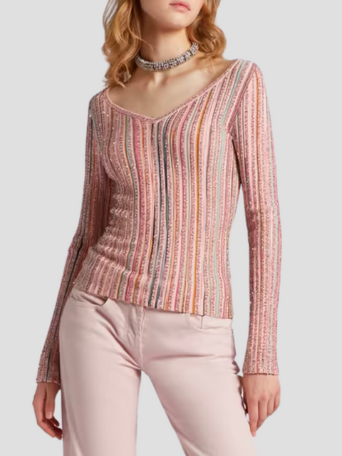 Pink Multi Stripe Sequin Flexage Sweater,Missoni,- Fivestory New York