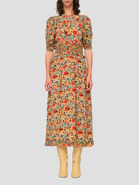 Ensly Floral Puff-Sleeve Midi Dress,Sea,- Fivestory New York
